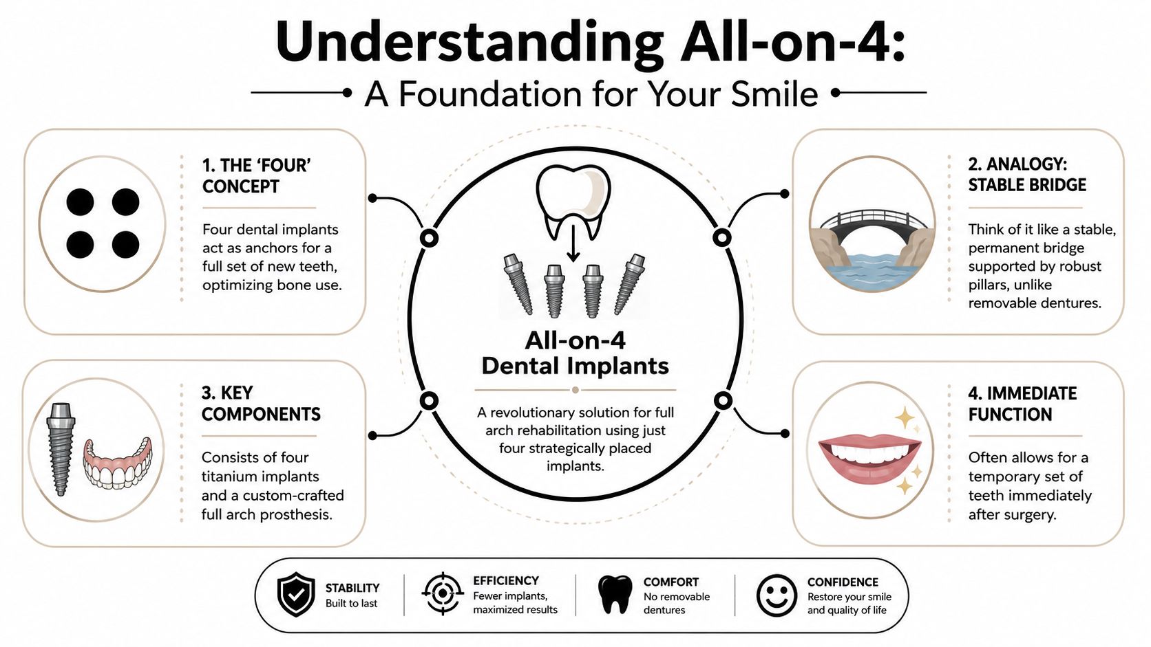 An infographic explaining the All-on-4 dental implant procedure, showing the concept, components, and key benefits.