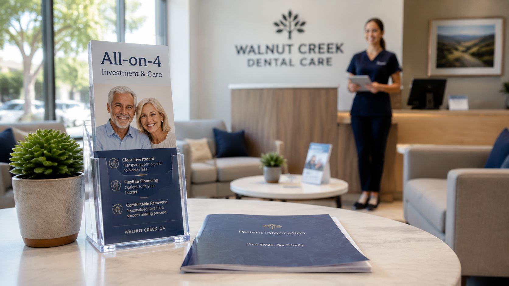 Brochures for All-on-4 dental implant procedures displayed on a waiting room table at a professional dental office.