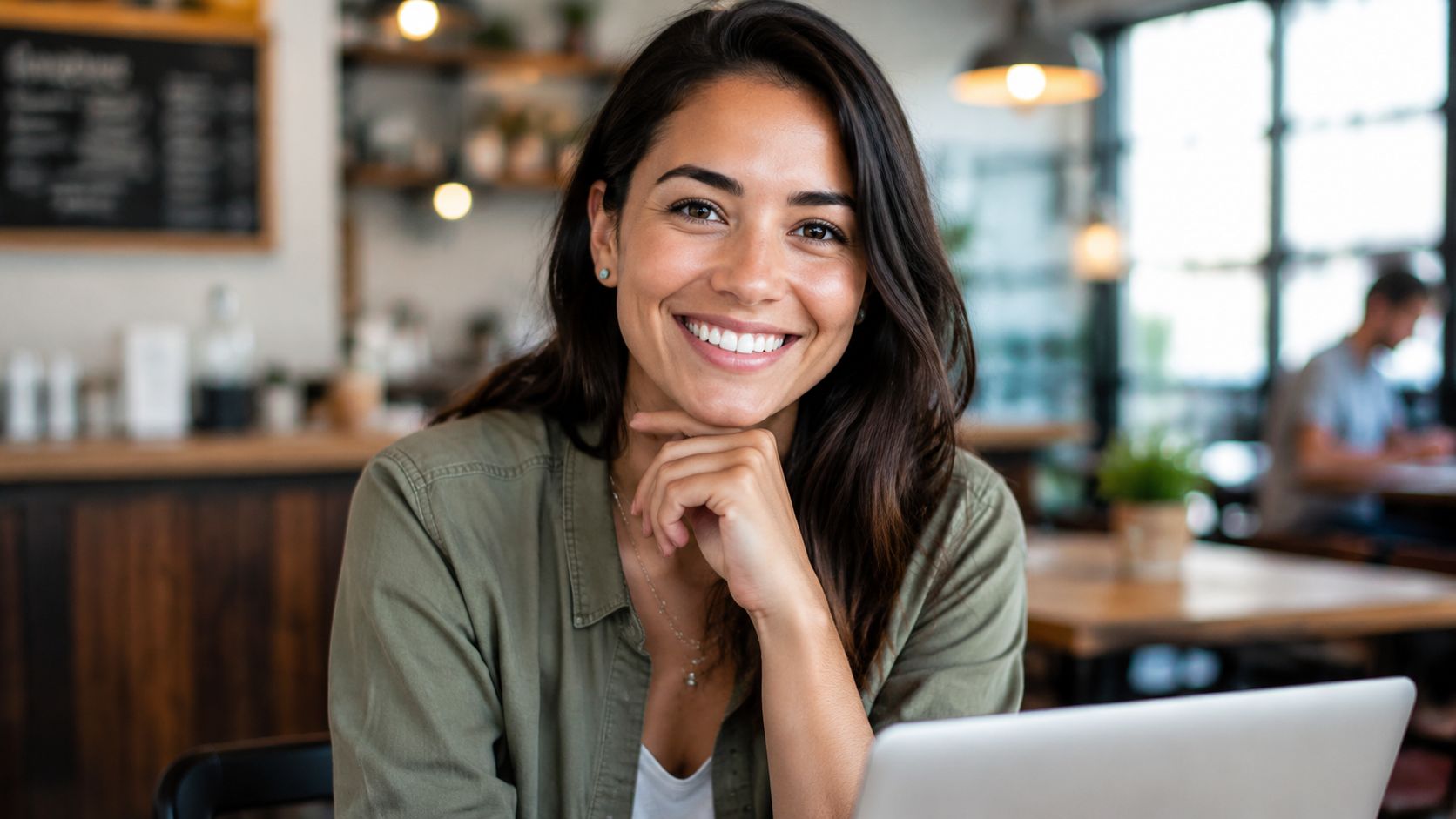A smiling young woman with perfectly aligned white teeth sitting at a cafe with a laptop computer