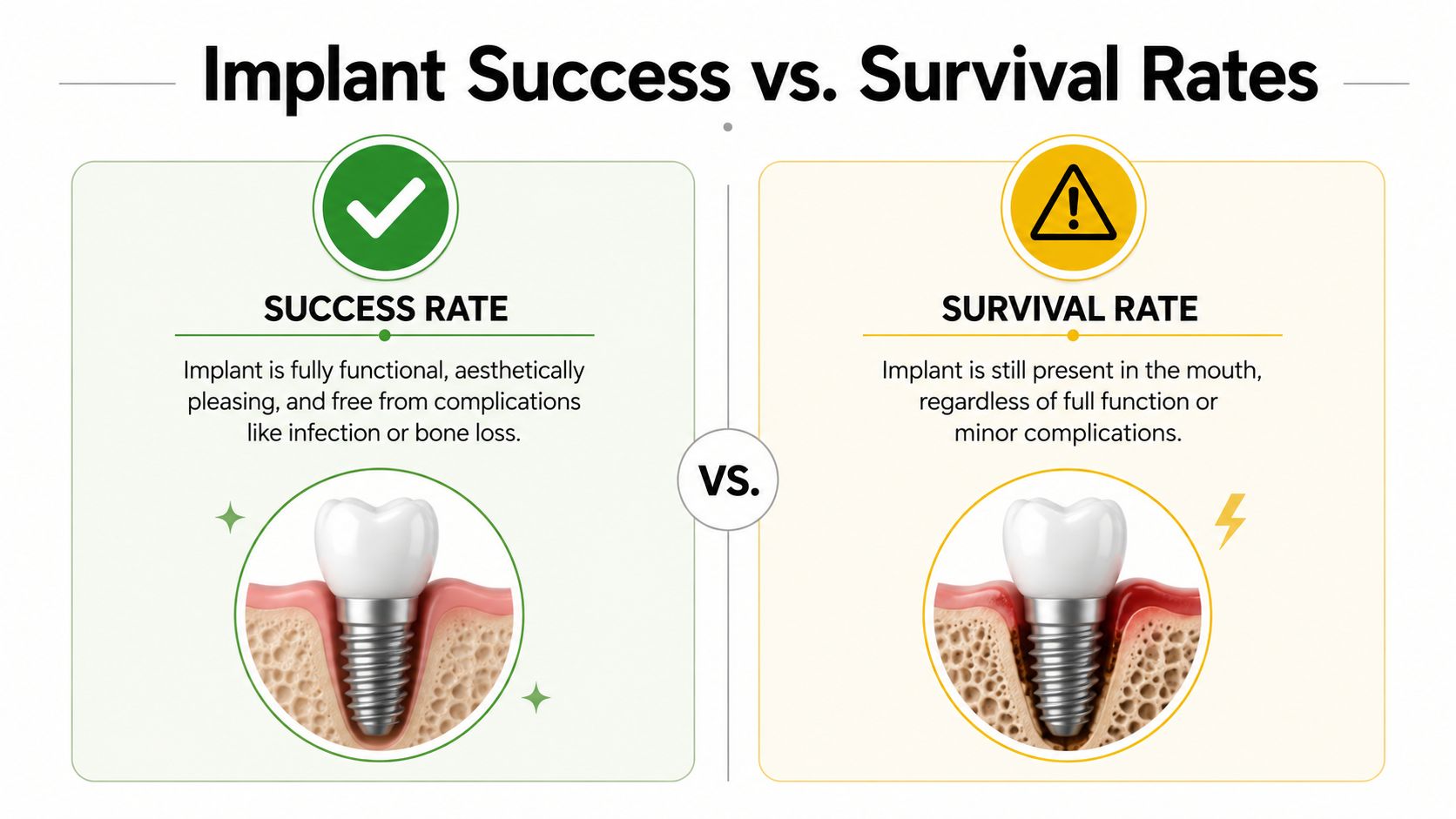 A comparison chart showing the difference between dental implant success rates and dental implant survival rates.