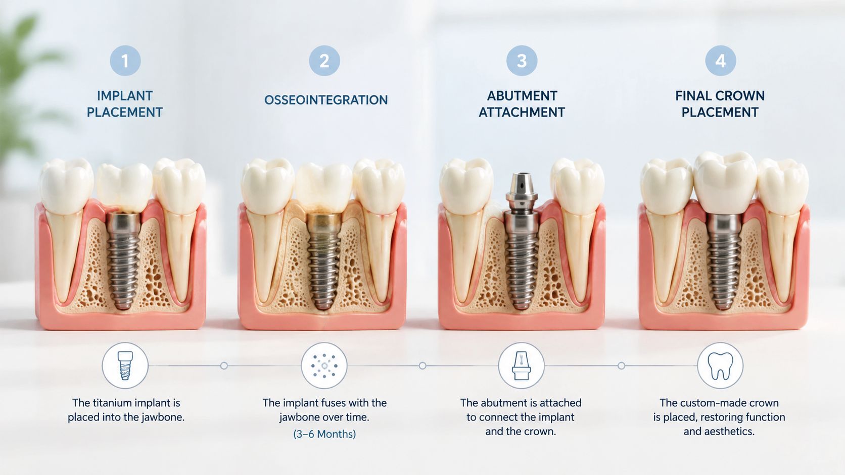 A four-step educational diagram showing the process of dental implant placement, from the surgical post to the final crown.