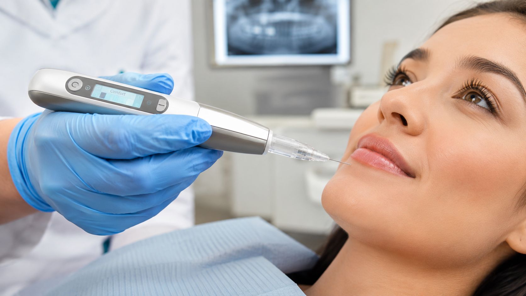 A dentist uses a modern computerized anesthetic delivery device on a patient for a comfortable dental procedure.