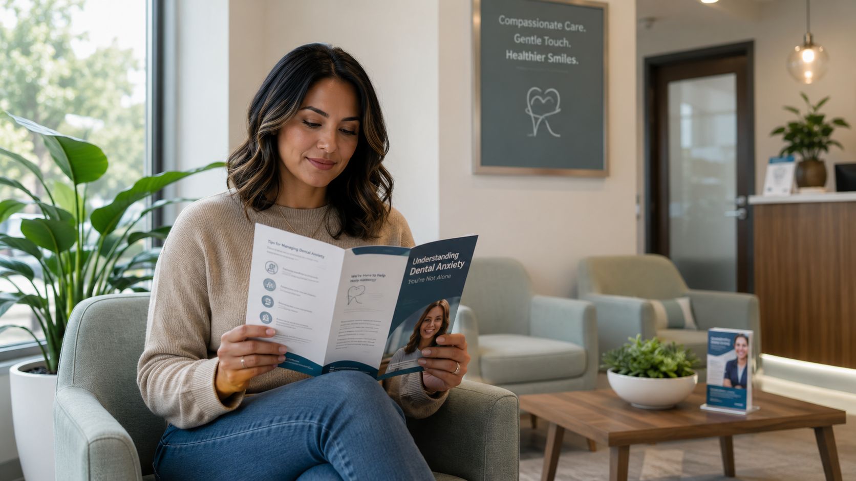 A woman reads a pamphlet about dental anxiety while waiting in a bright, modern dental office lobby.