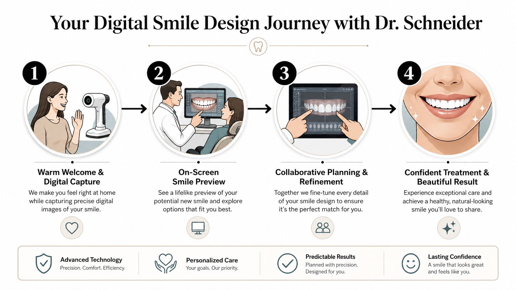 A four-step infographic illustrating the Digital Smile Design process with Dr. Schneider, showing patient consultation and dental software.