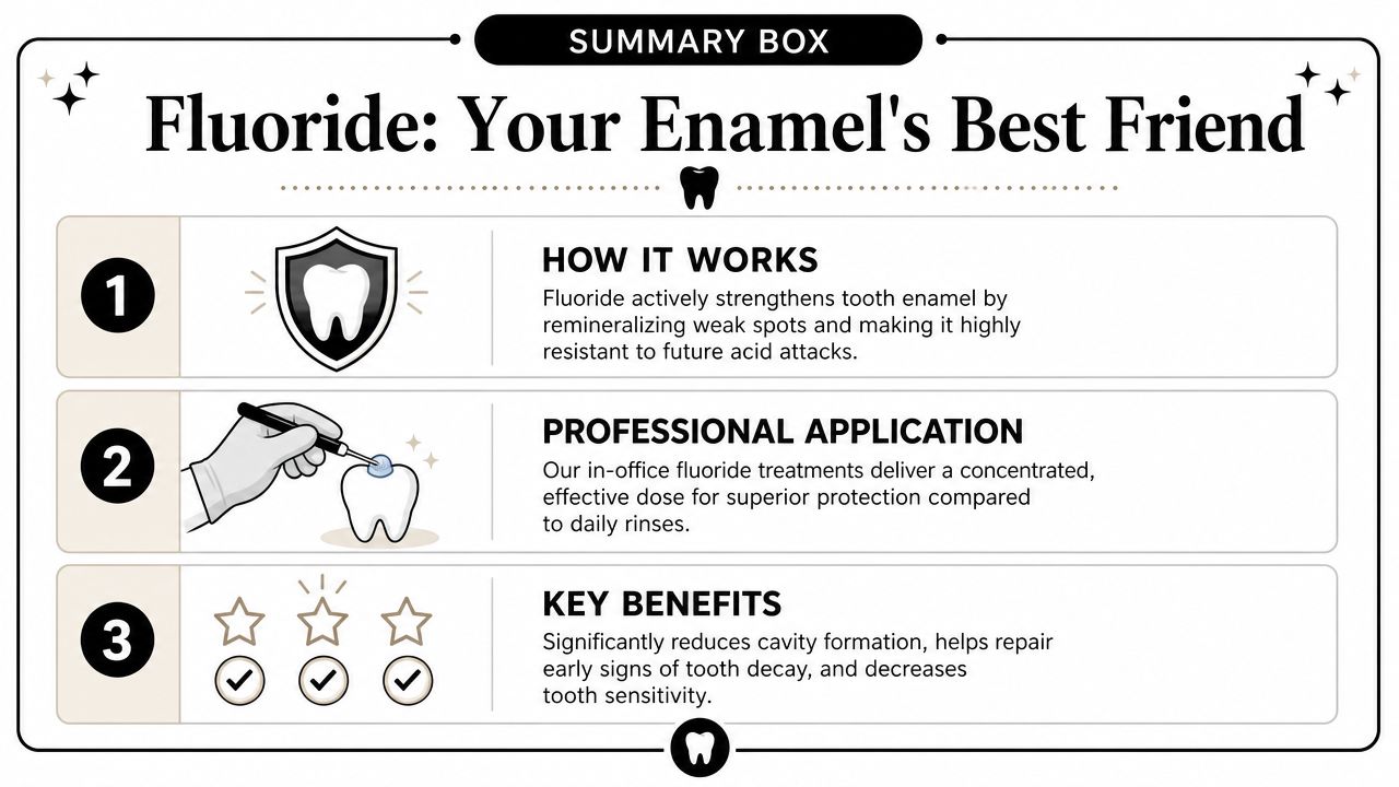 An infographic titled Fluoride: Your Enamel's Best Friend explaining how fluoride works, professional application, and key benefits.