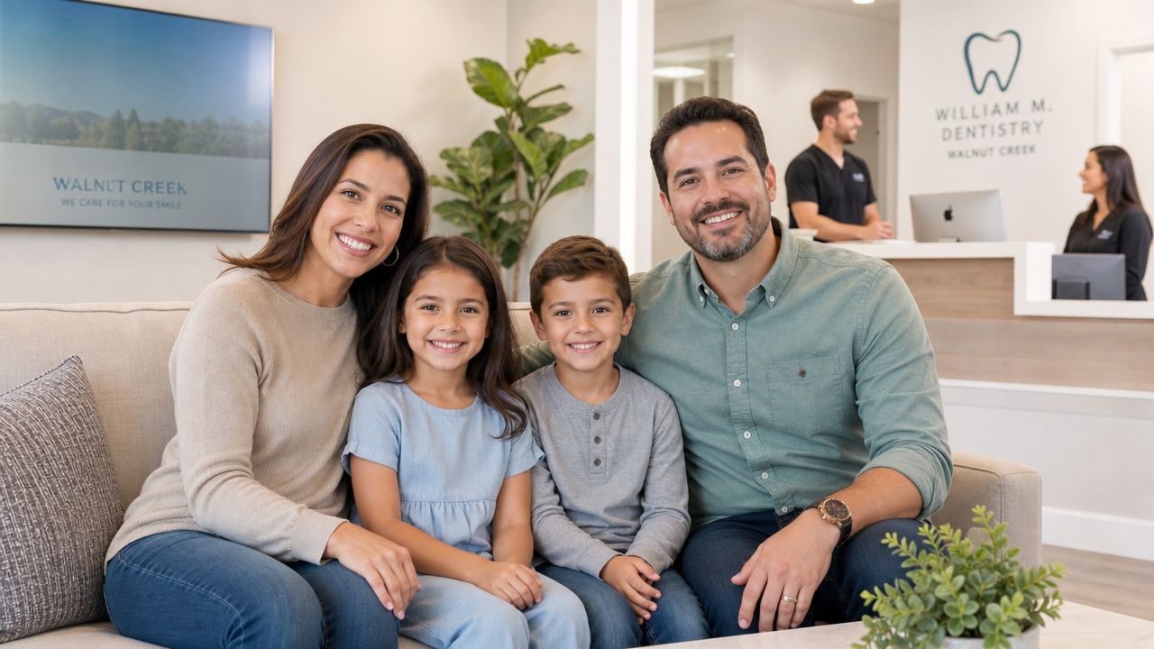 A happy family of four sitting on a couch in the lobby of a professional dental clinic.