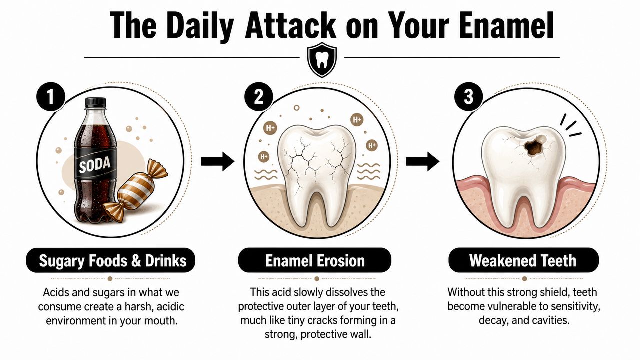 A diagram illustrating how sugary foods and drinks cause tooth enamel erosion and dental decay.