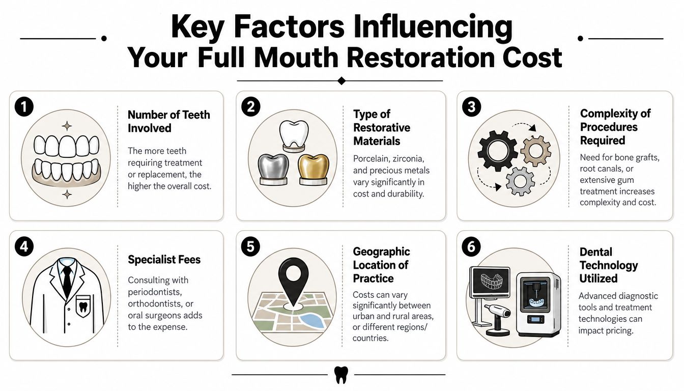 An infographic detailing six key factors that influence the total cost of full mouth dental restoration procedures.