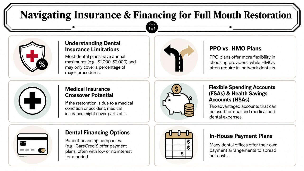 An infographic titled Navigating Insurance and Financing for Full Mouth Restoration, illustrating six key financial payment options.