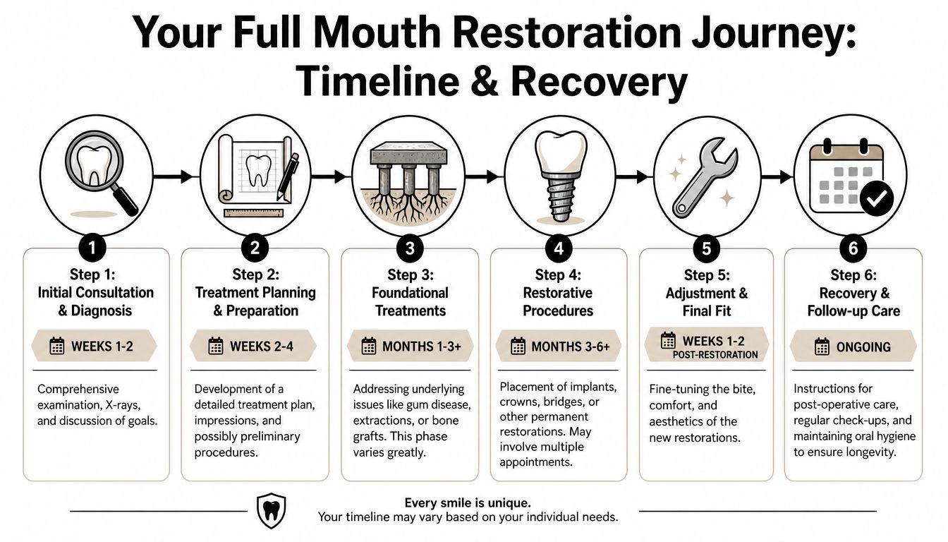 A step-by-step infographic detailing the timeline and recovery process for a full mouth dental restoration journey.