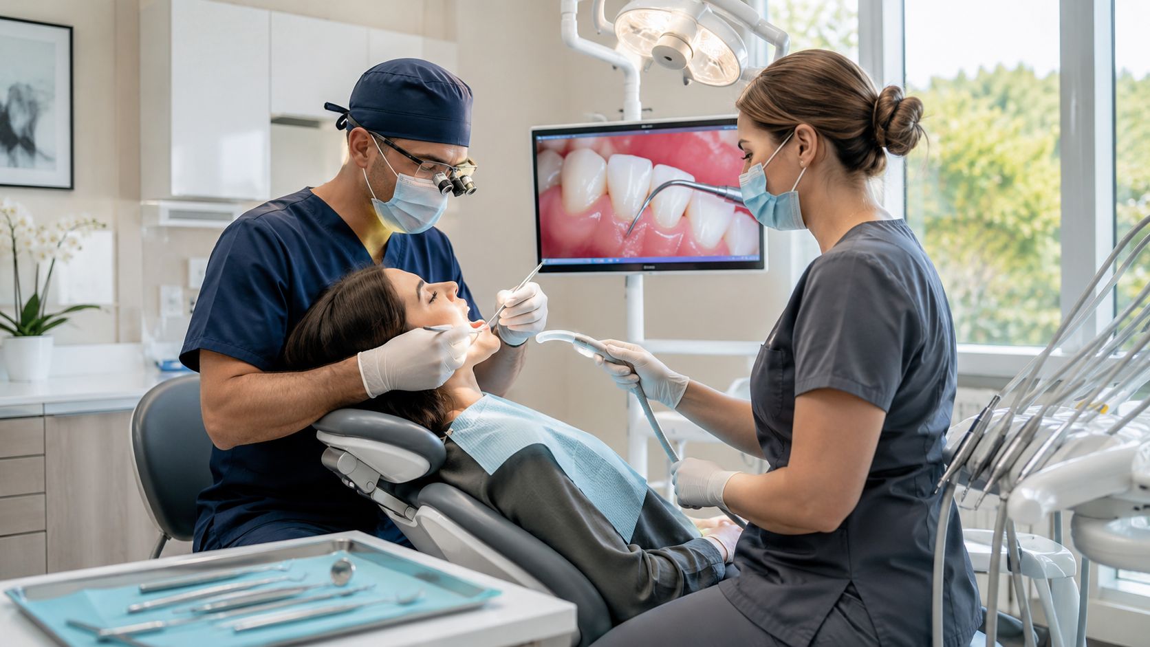 A professional dentist and assistant performing a gum recession treatment on a patient in a modern clinic.