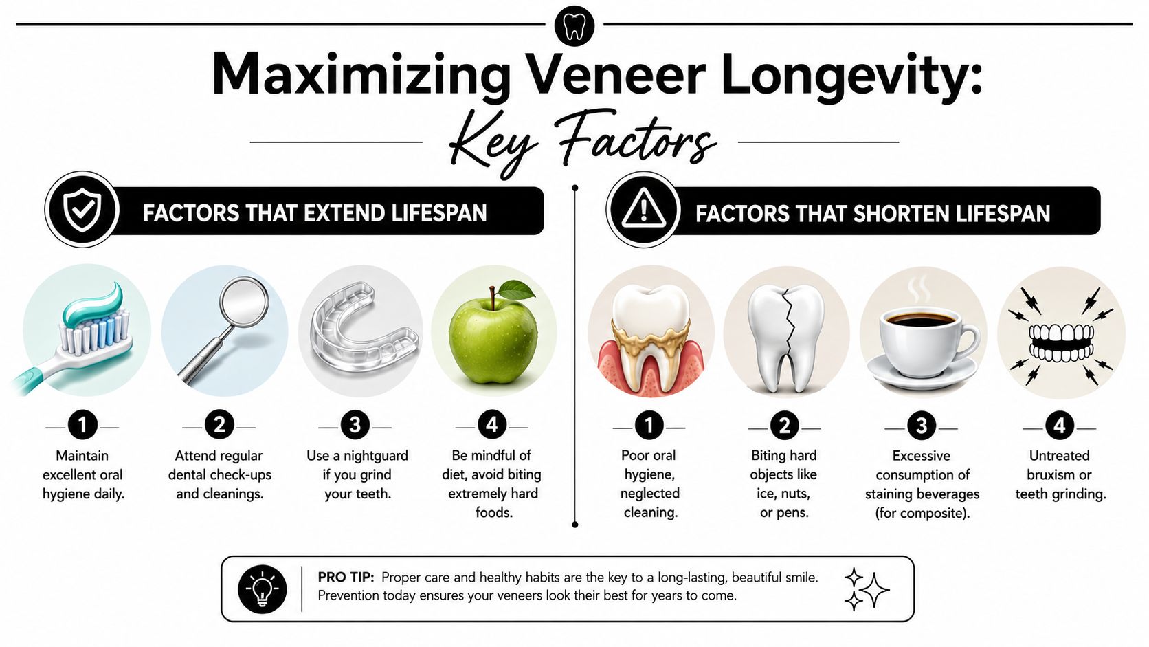 An infographic detailing key habits that either extend or shorten the lifespan of dental veneers.