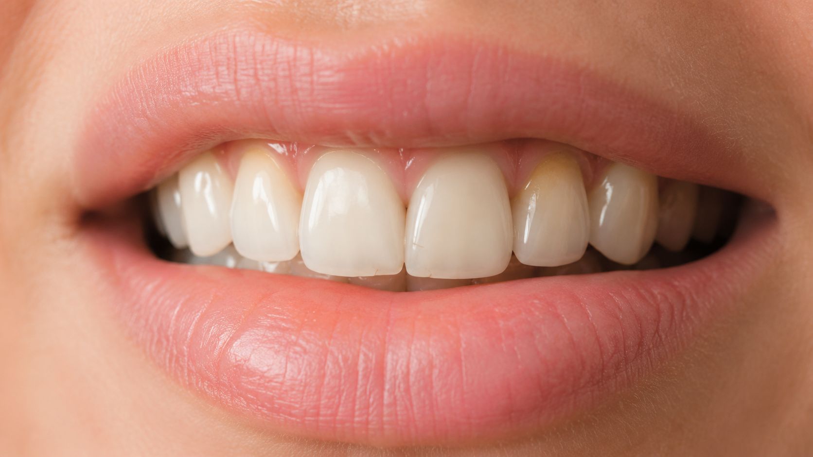 A close-up shot of a person showing their natural looking teeth and healthy pink gums while smiling.