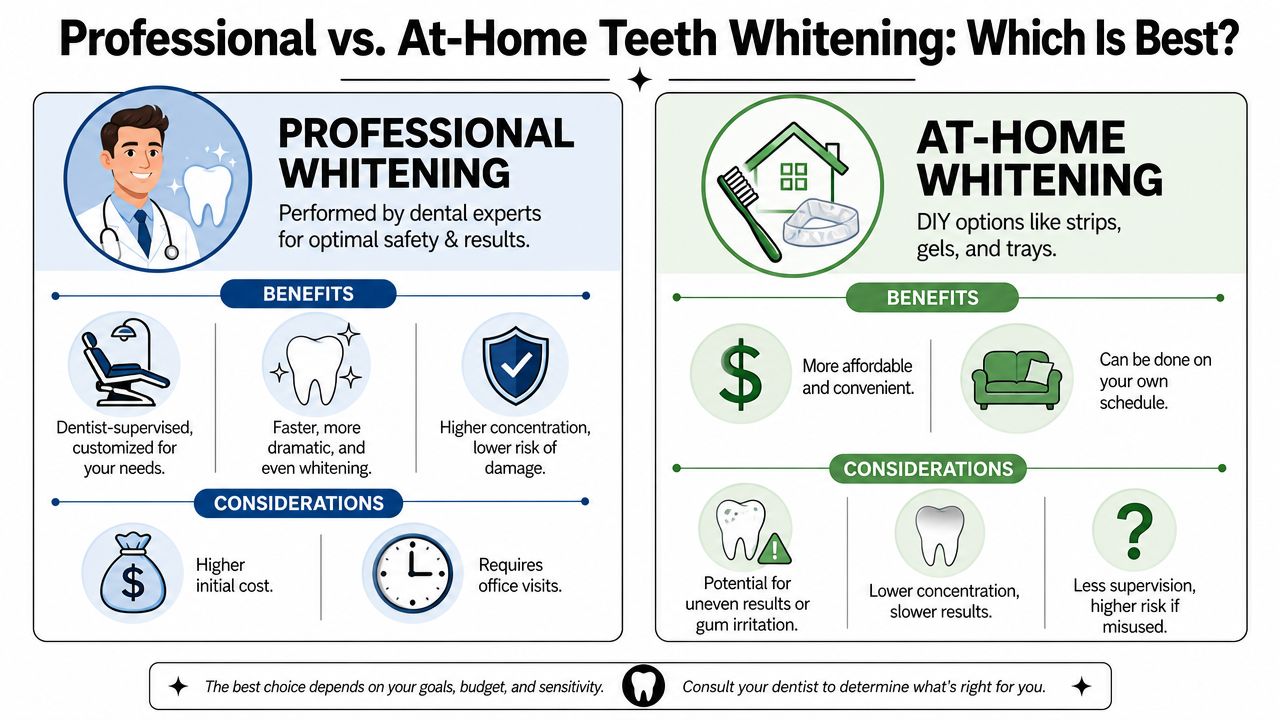 A comparative infographic outlining the benefits and considerations of professional versus at-home teeth whitening options.