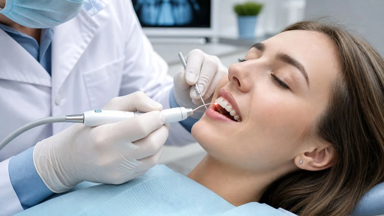A female patient undergoing professional dental laser treatment to address gum issues in a modern dental office.