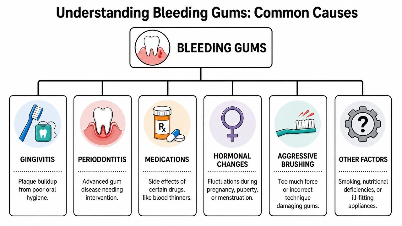An infographic titled Understanding Bleeding Gums showing six common causes including gingivitis, medications, and hormonal changes.