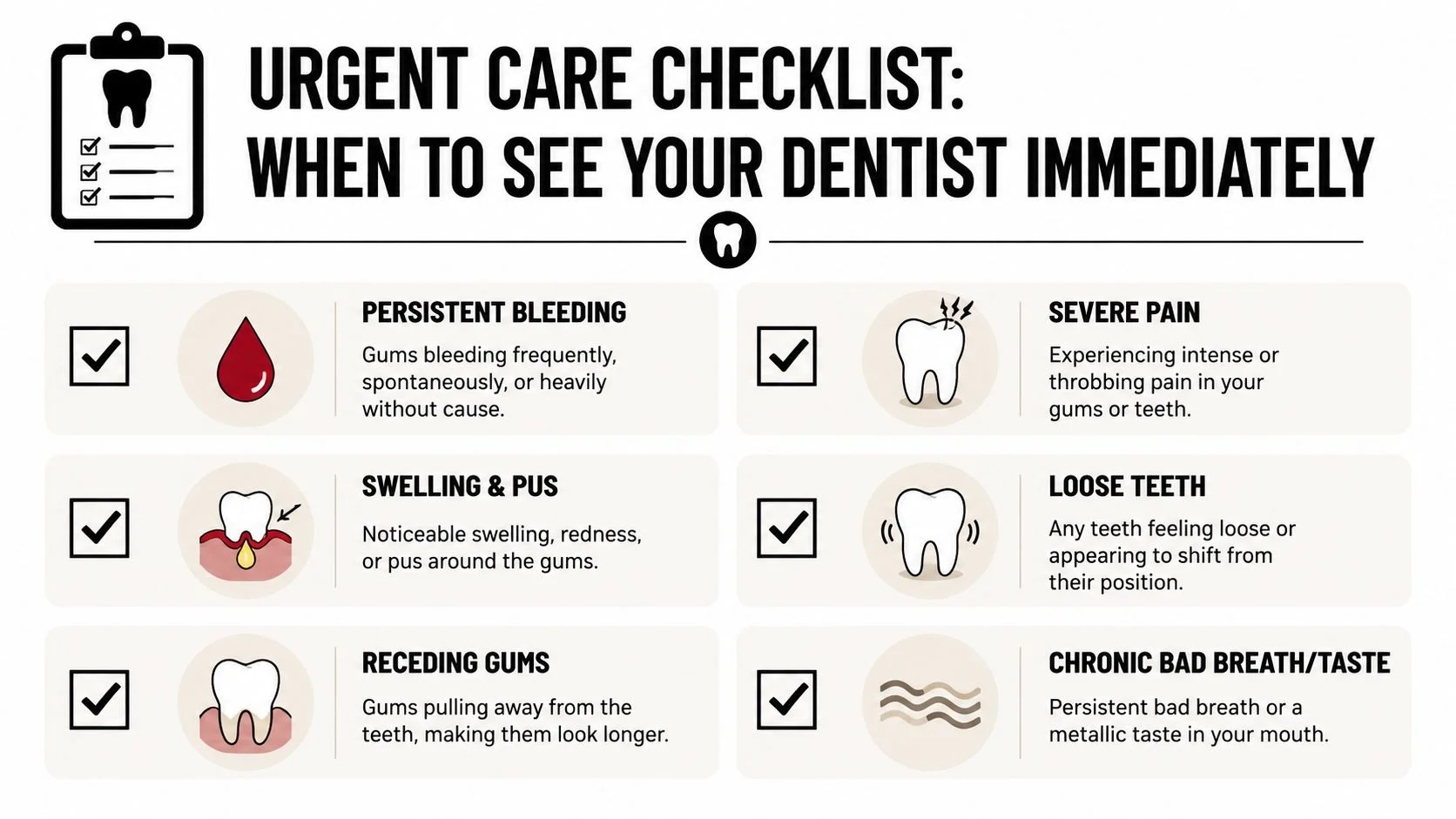 An infographic checklist outlining symptoms that require immediate dental attention, including bleeding, pain, and swelling.