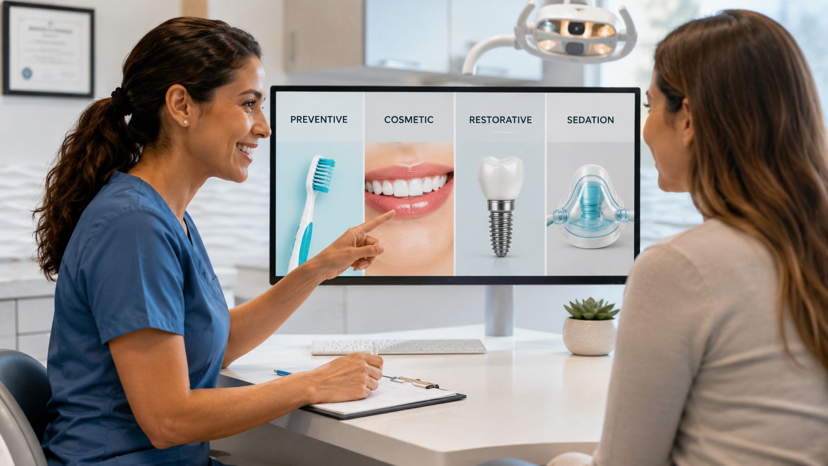 A smiling dentist explaining personalized treatment plan options to a patient using a digital display screen.