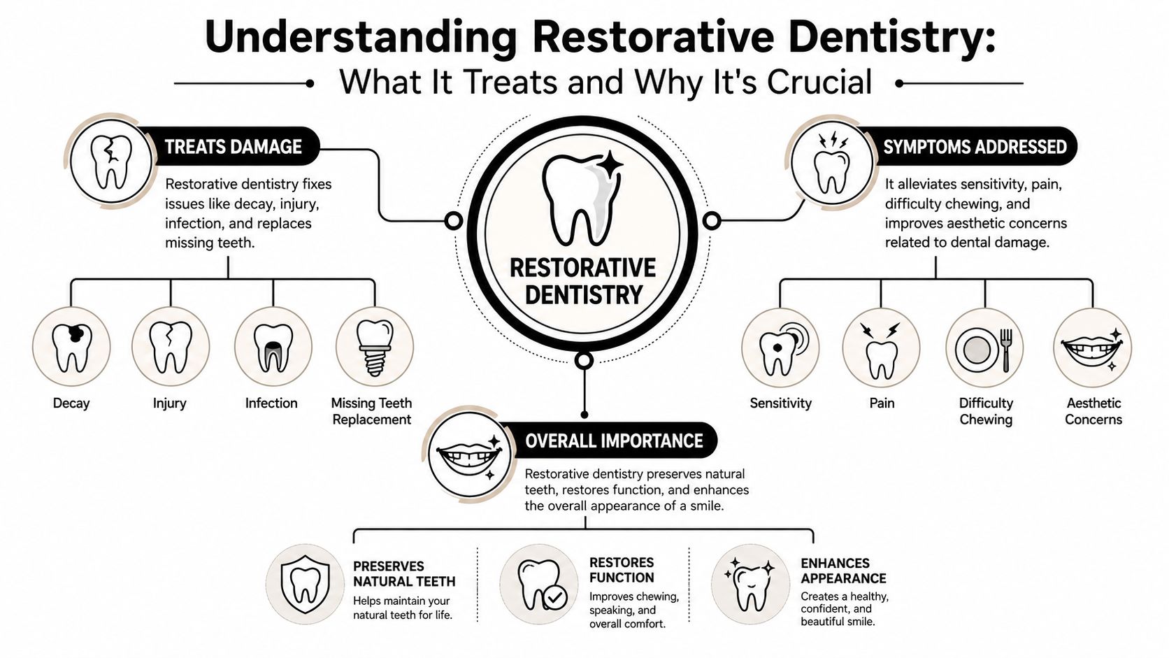 An infographic titled Understanding Restorative Dentistry detailing the treatments, symptoms addressed, and overall importance of the field.