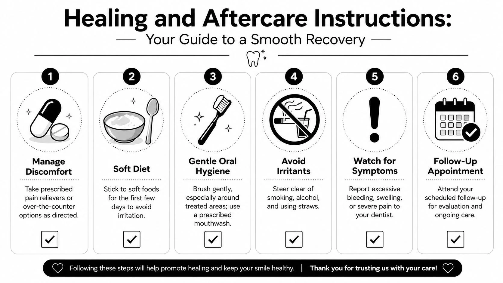 A dental infographic titled Healing and Aftercare Instructions outlining six essential recovery steps after oral procedures.