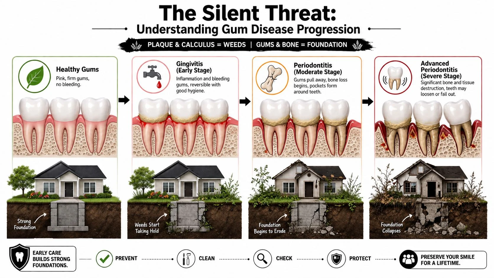 A visual infographic showing the progression of gum disease from healthy gums to advanced periodontitis stages.