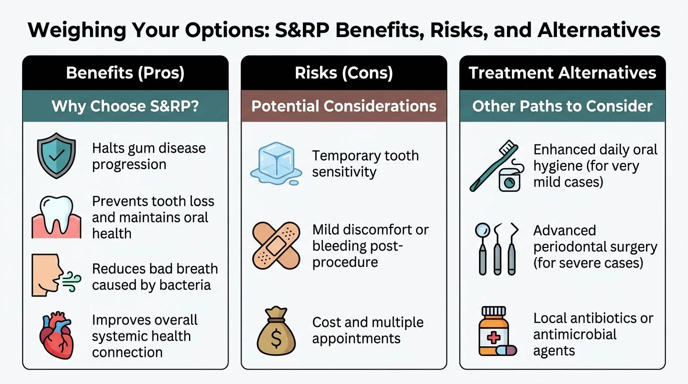 A dental infographic detailing the benefits, risks, and treatment alternatives for a scaling and root planing procedure.