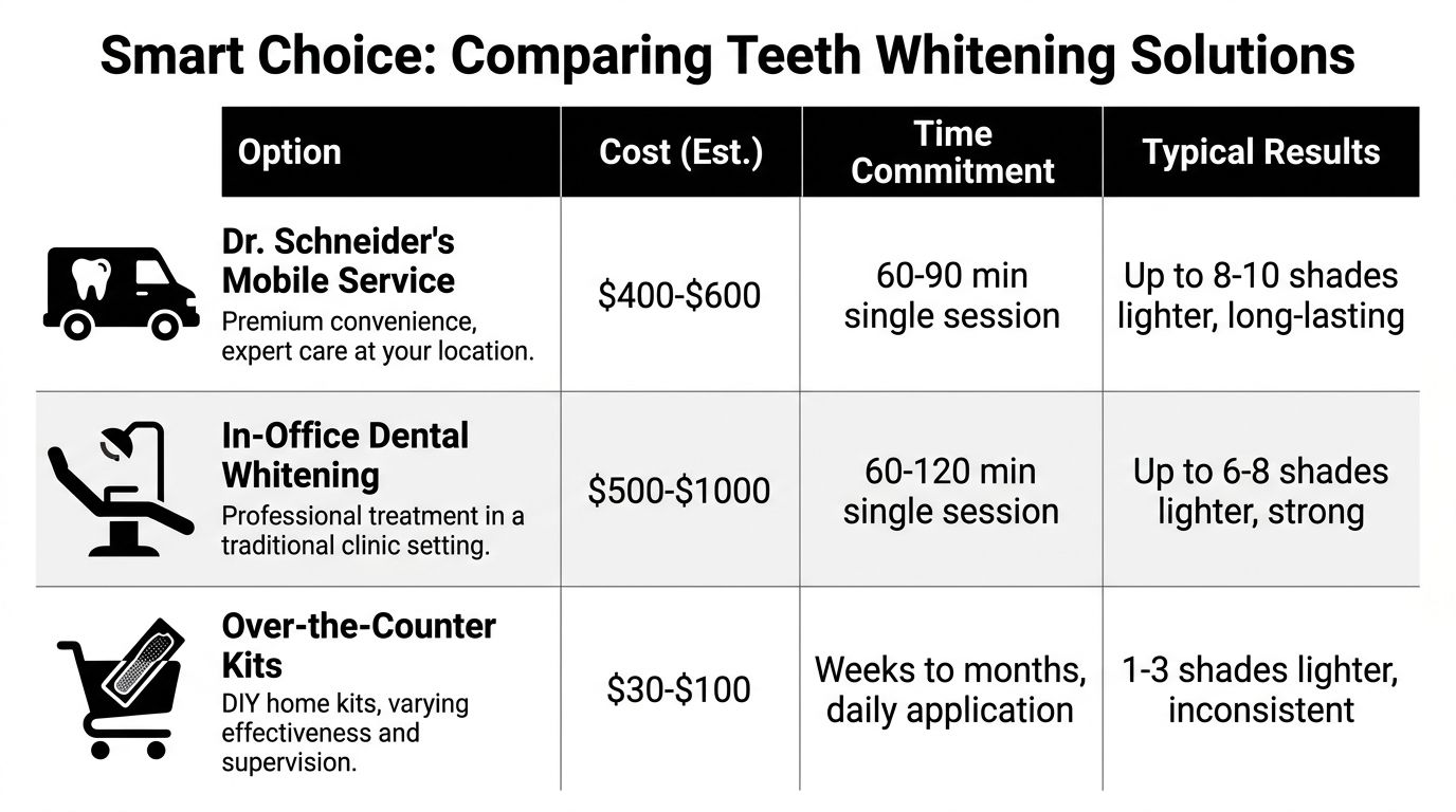 A comparison chart showing costs, time commitments, and results for mobile, in-office, and over-the-counter teeth whitening.