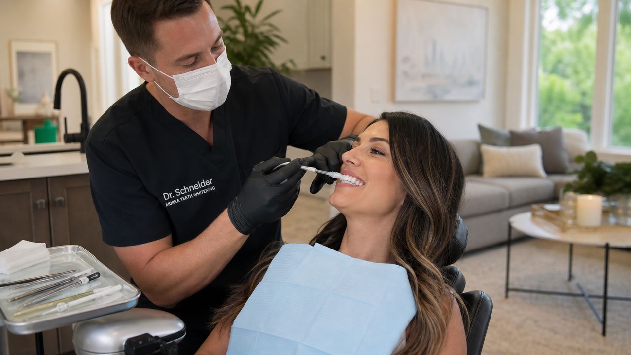 A professional dental practitioner performing a mobile teeth whitening treatment on a smiling female client indoors.