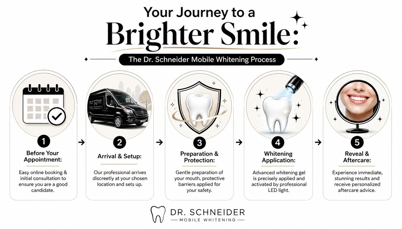 A five-step infographic explaining the Dr. Schneider mobile teeth whitening process from booking to the final result.
