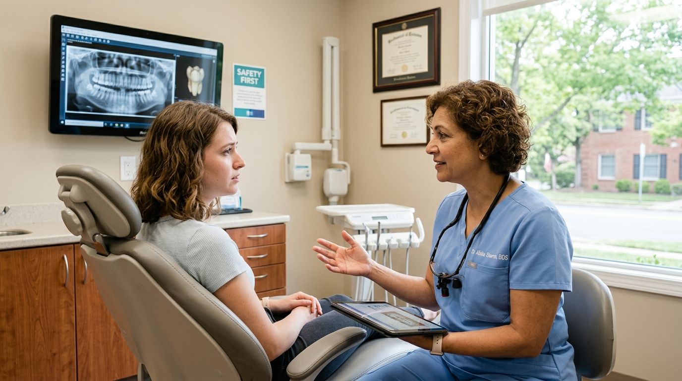 A female dentist in blue scrubs consults with a young patient about dental images on a tablet.