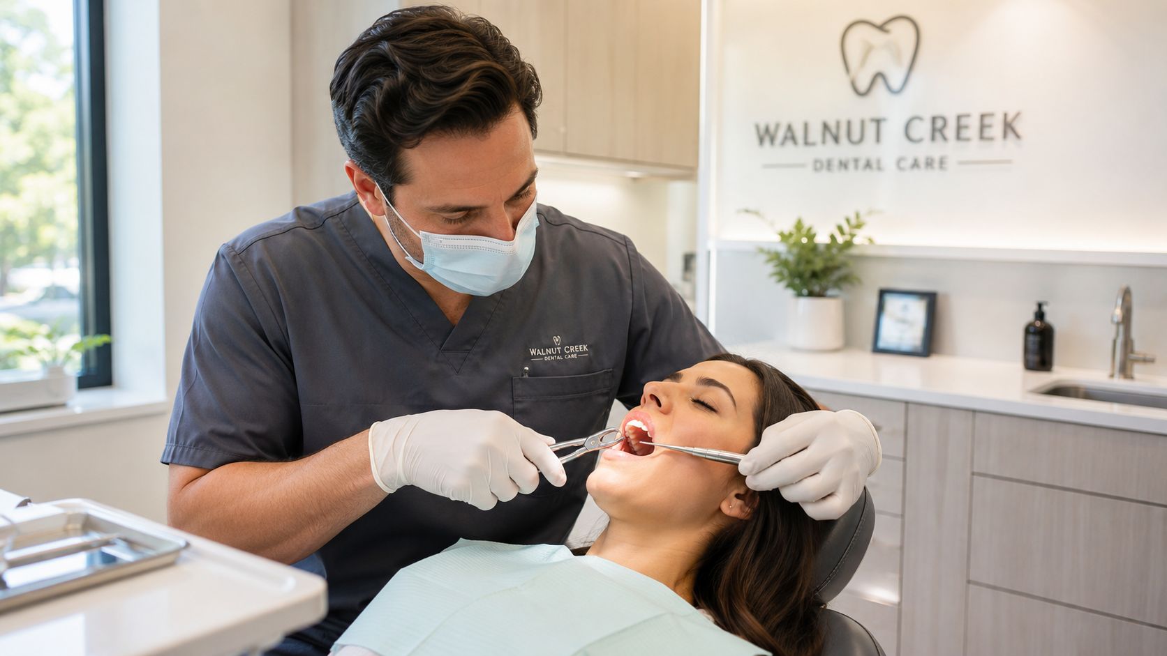 A professional dentist wearing a mask and gloves performs a dental procedure on a female patient's teeth.