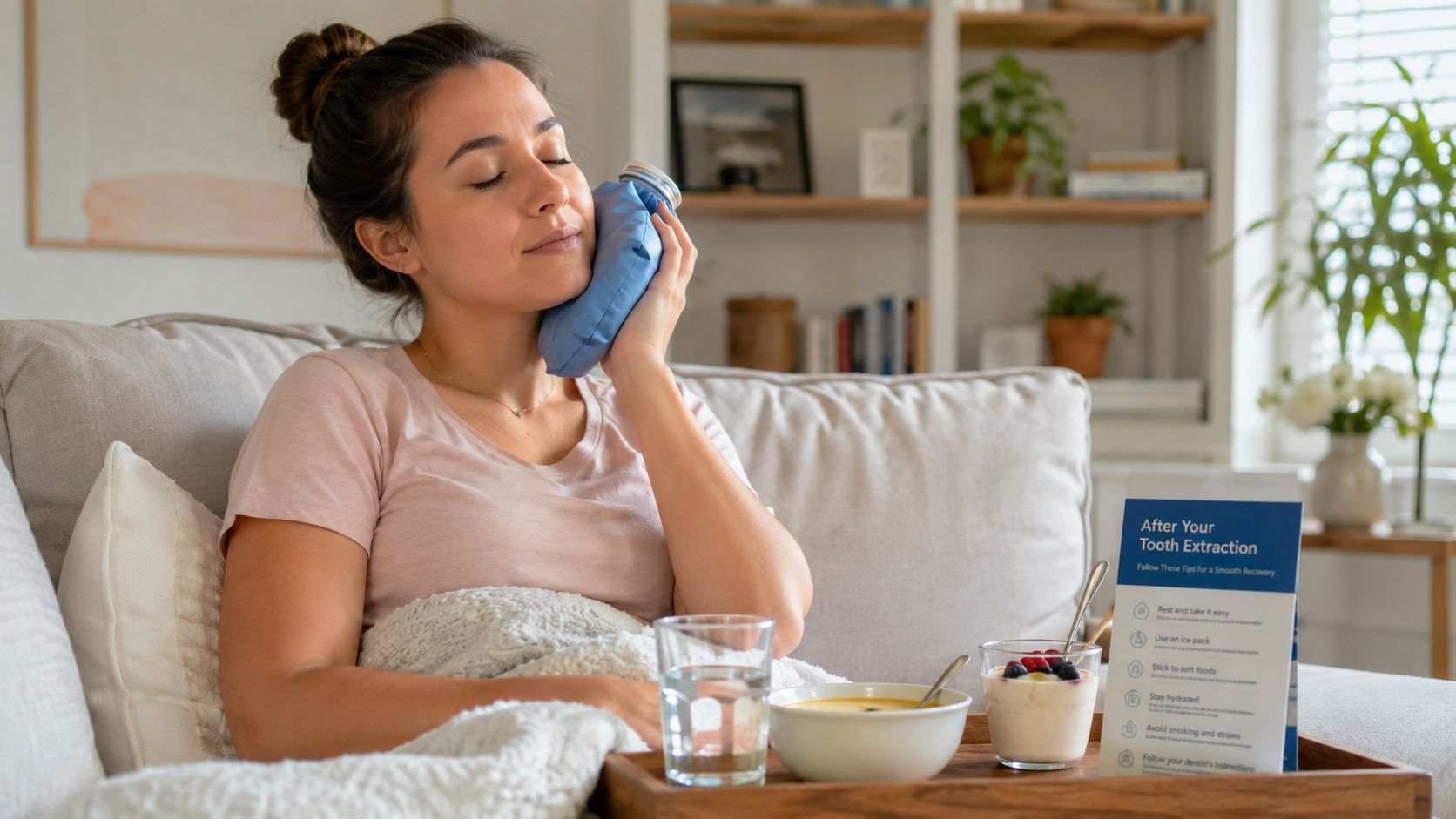 A woman resting on a couch with an ice pack on her cheek after a tooth extraction procedure.