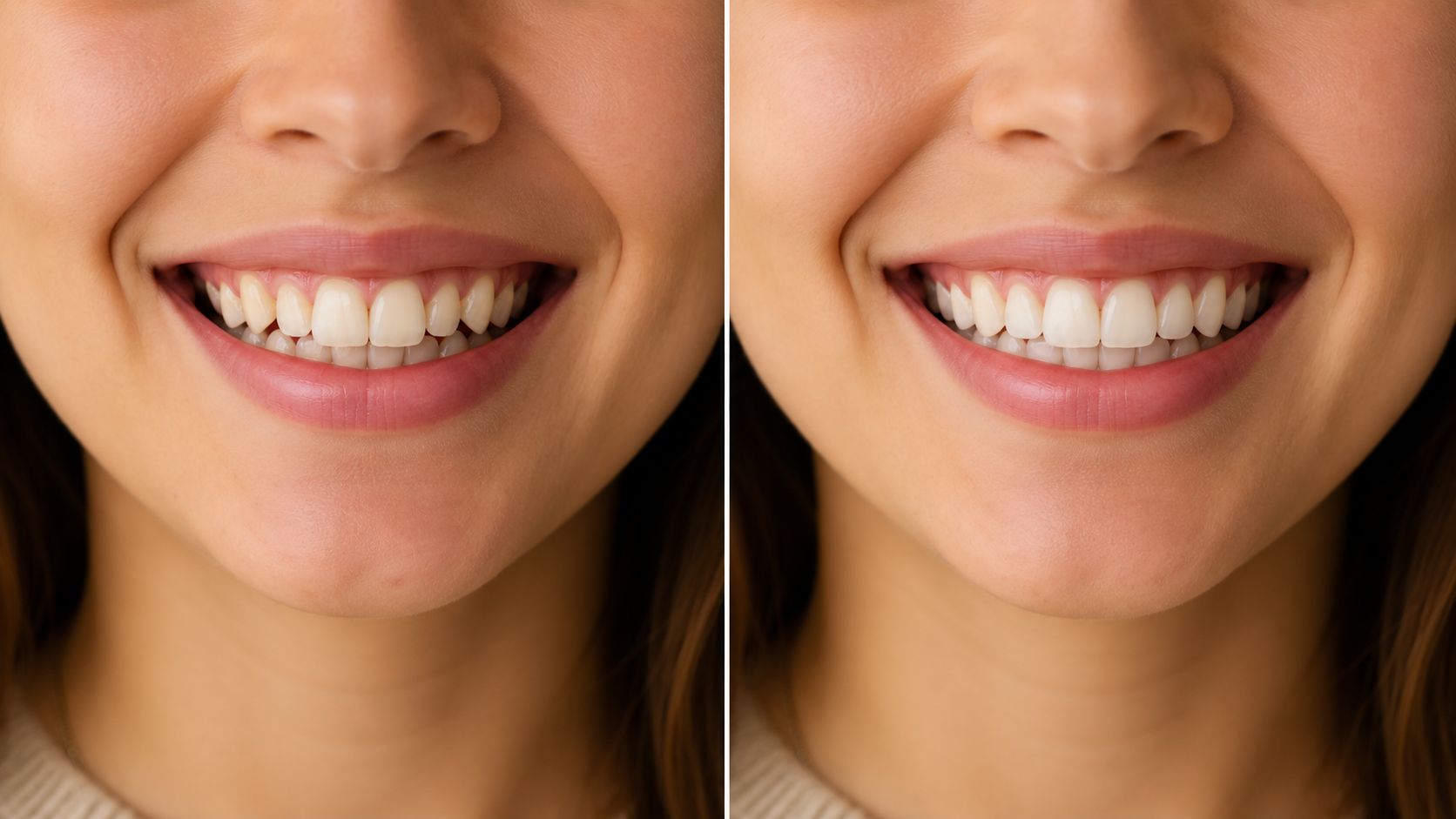 A side-by-side comparison showing a smile before and after orthodontic treatment with teeth alignment.