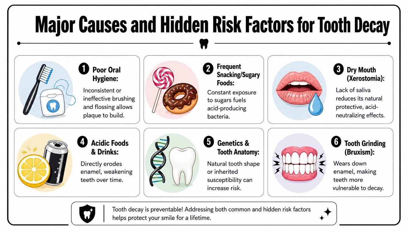 An infographic detailing six major causes and risk factors for tooth decay, from hygiene to genetics.
