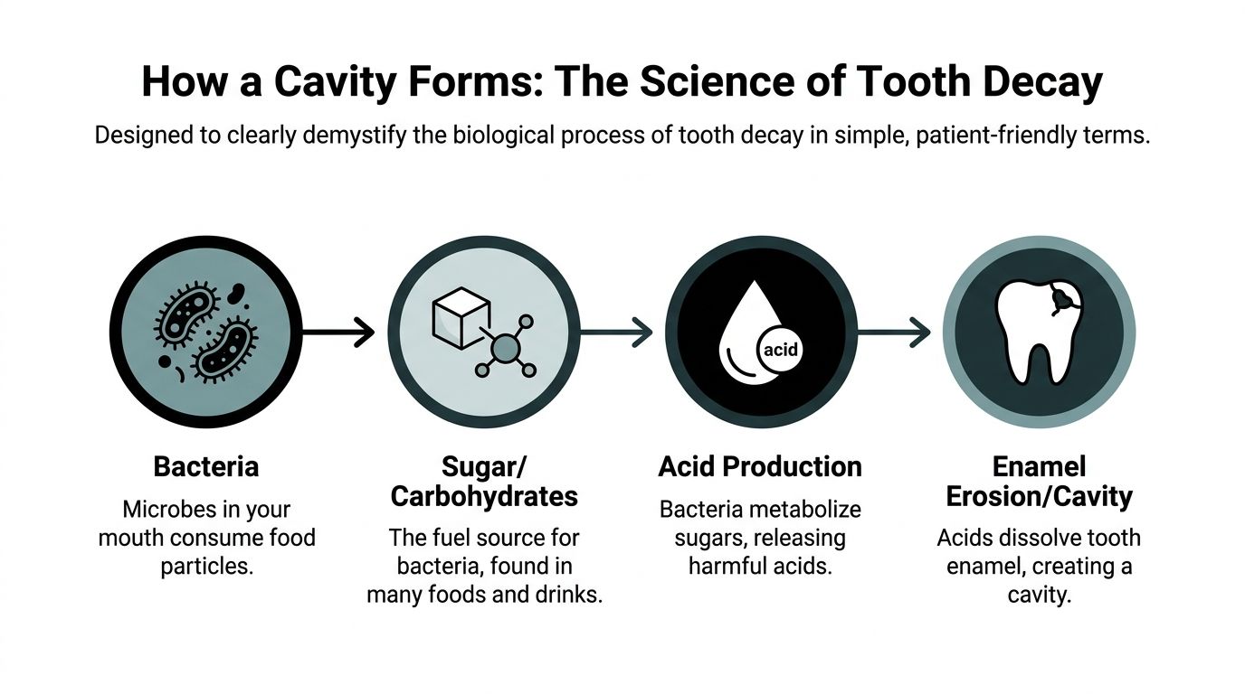An infographic showing the four-step biological process of how bacteria, sugar, and acid cause tooth decay.