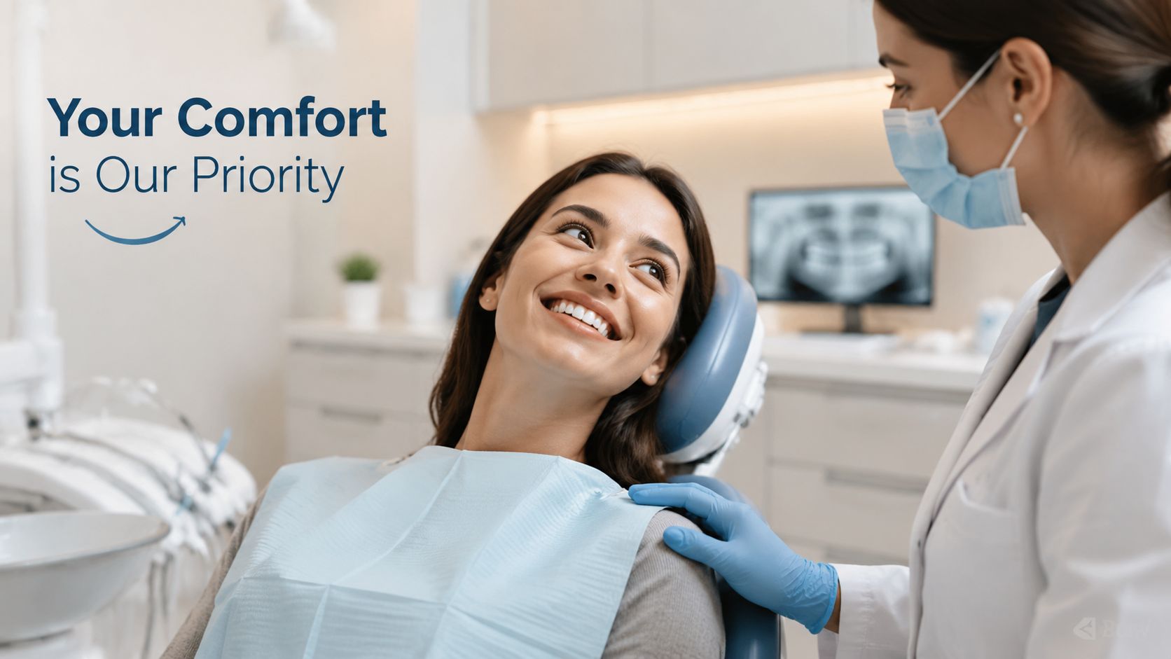A friendly dentist comforting a smiling female patient during a routine dental checkup at a modern clinic.