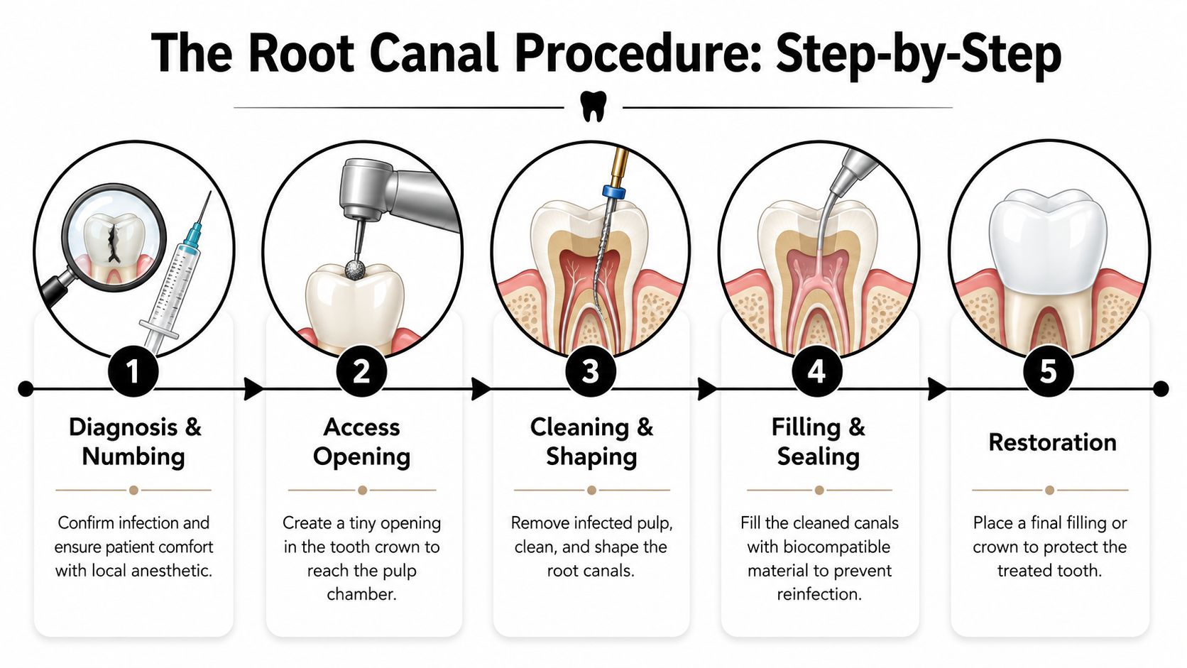A five-step infographic showing the root canal procedure from initial diagnosis to the final tooth restoration.