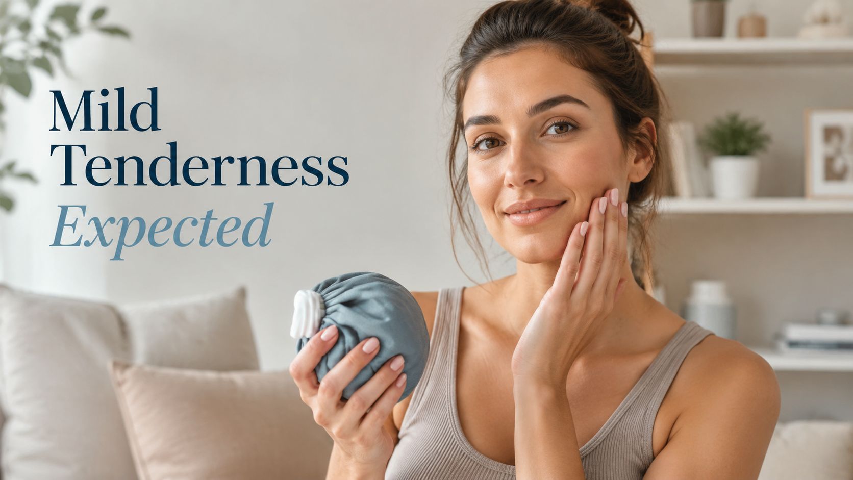 A woman smiling and holding a cold pack to her cheek to manage post-procedure facial tenderness.