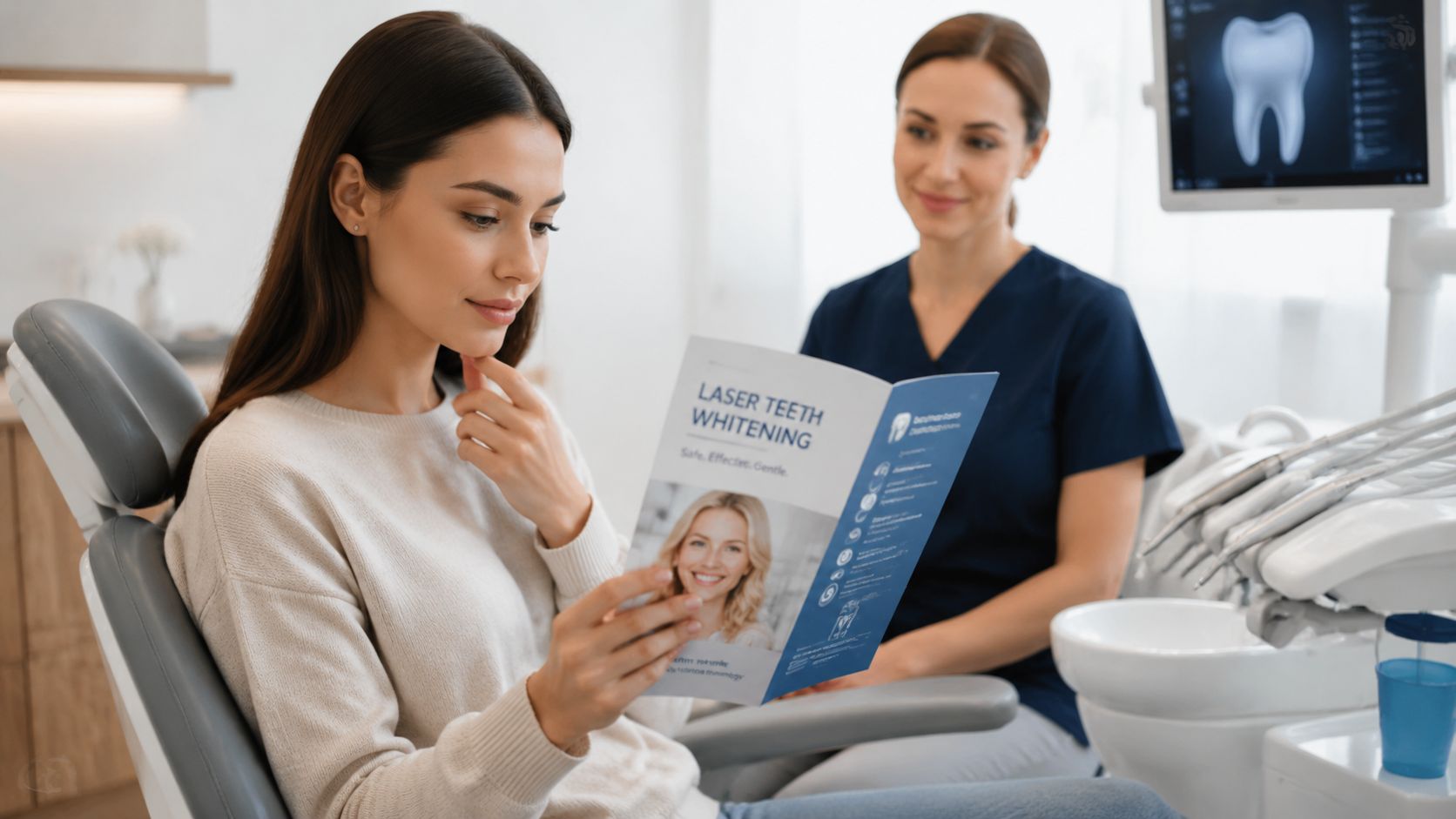 A female patient reading a laser teeth whitening pamphlet while sitting in a dental clinic chair.
