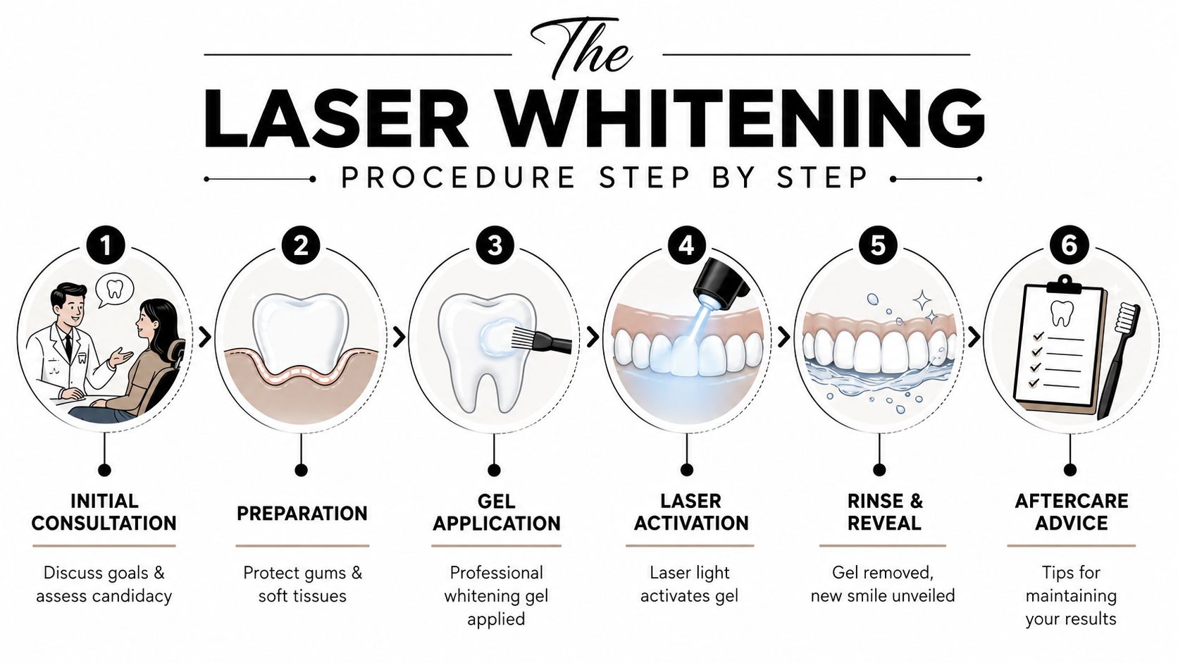A step-by-step infographic illustrating the professional laser teeth whitening procedure from consultation to aftercare advice.
