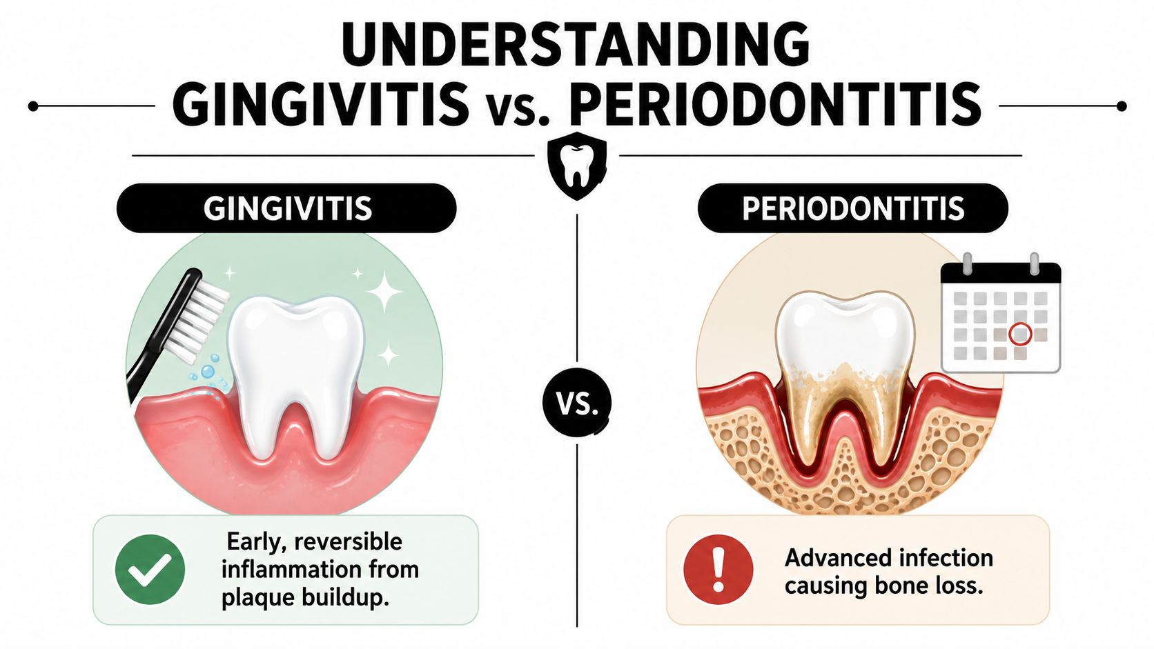 A diagram comparing gingivitis, shown as reversible inflammation, and periodontitis, which involves advanced bone loss infection.