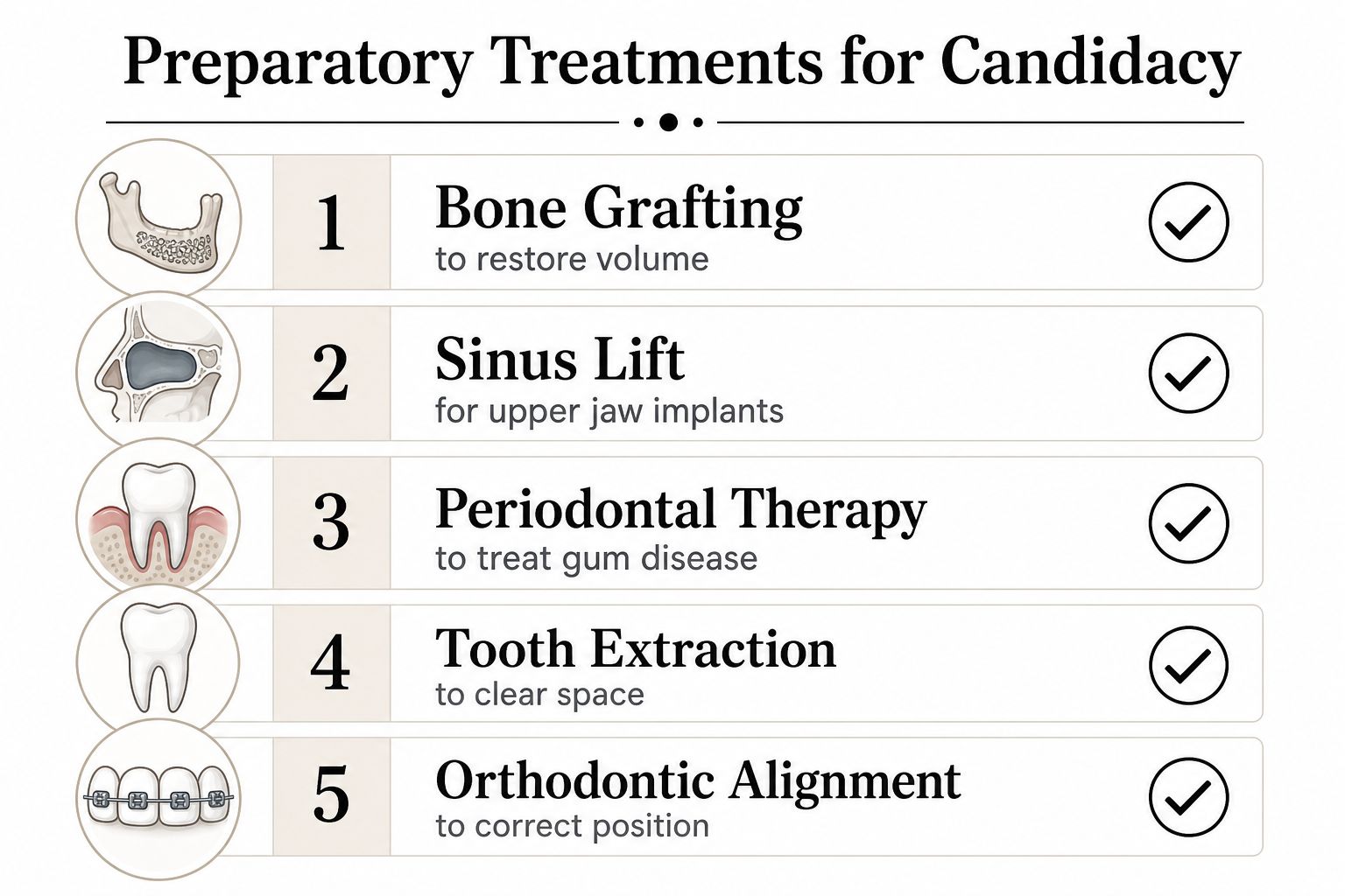 A list of five common preparatory dental treatments needed to become a candidate for dental implants.