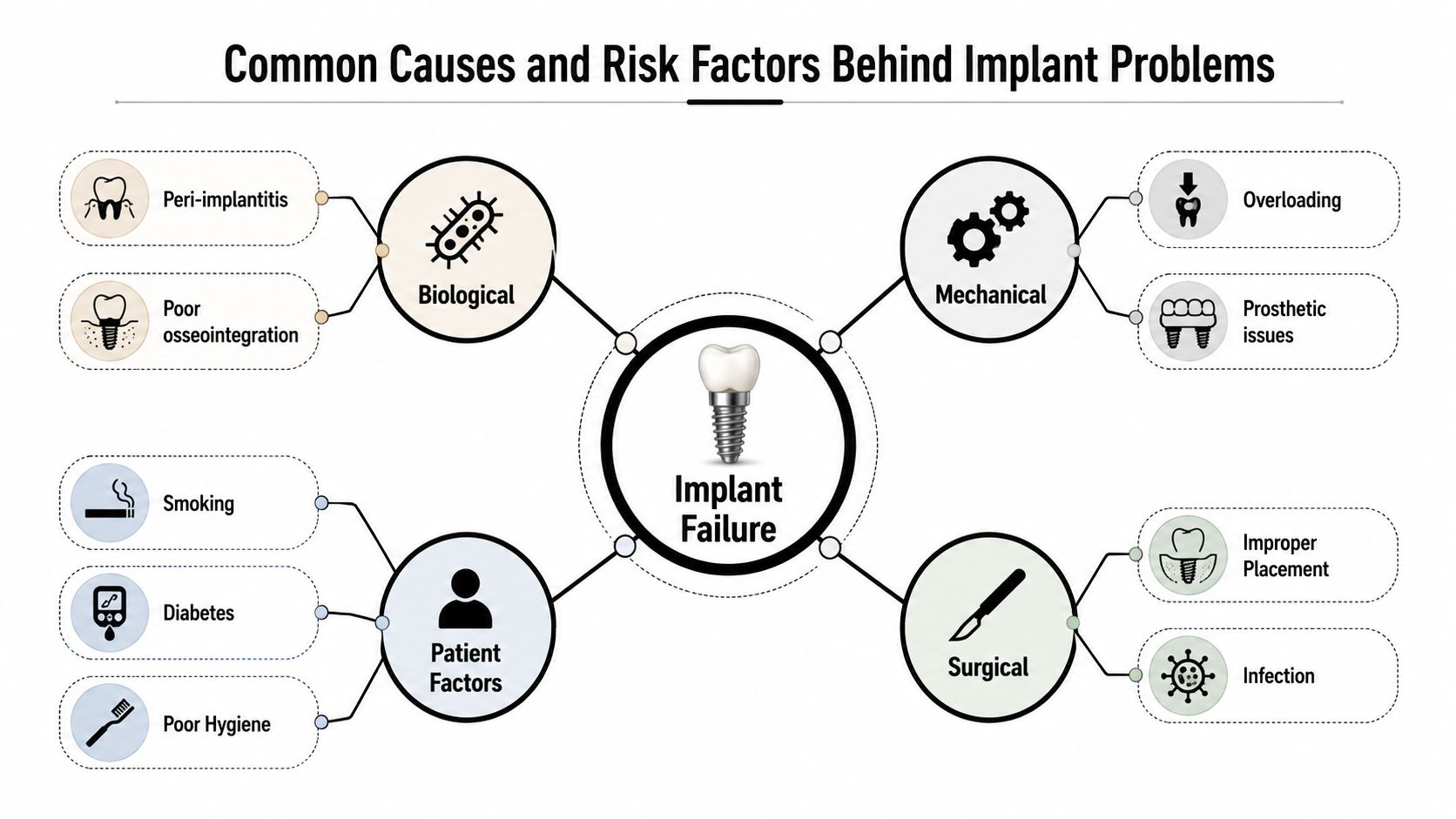 A diagram illustrating various common causes and risk factors that lead to dental implant failure.