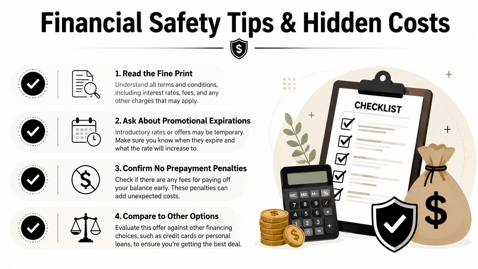 An infographic illustrating four essential financial safety tips for evaluating loans and hidden costs before borrowing.