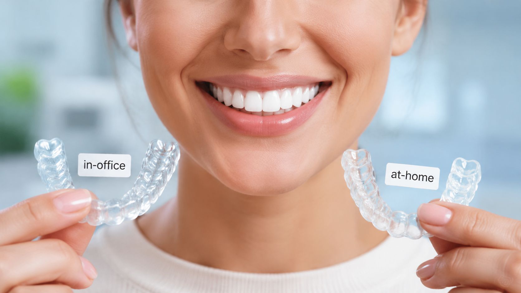 A woman smiling brightly while holding clear dental aligners labeled for in-office and at-home use.