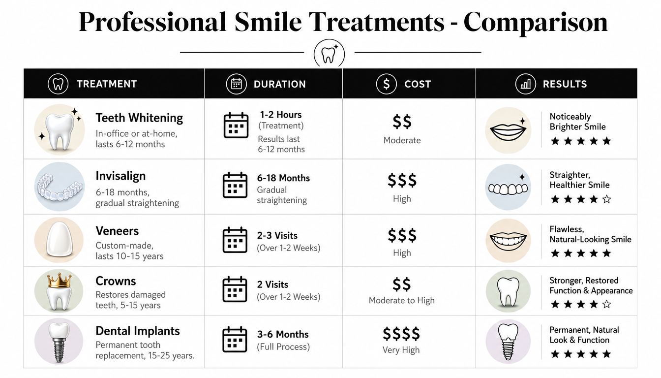 A comparison chart outlining professional dental smile treatments including teeth whitening, Invisalign, veneers, crowns, and implants.