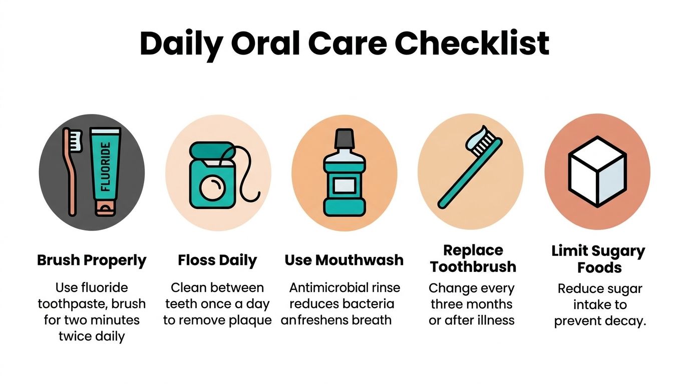 A visual guide titled Daily Oral Care Checklist featuring five tips for maintaining healthy teeth and gums.