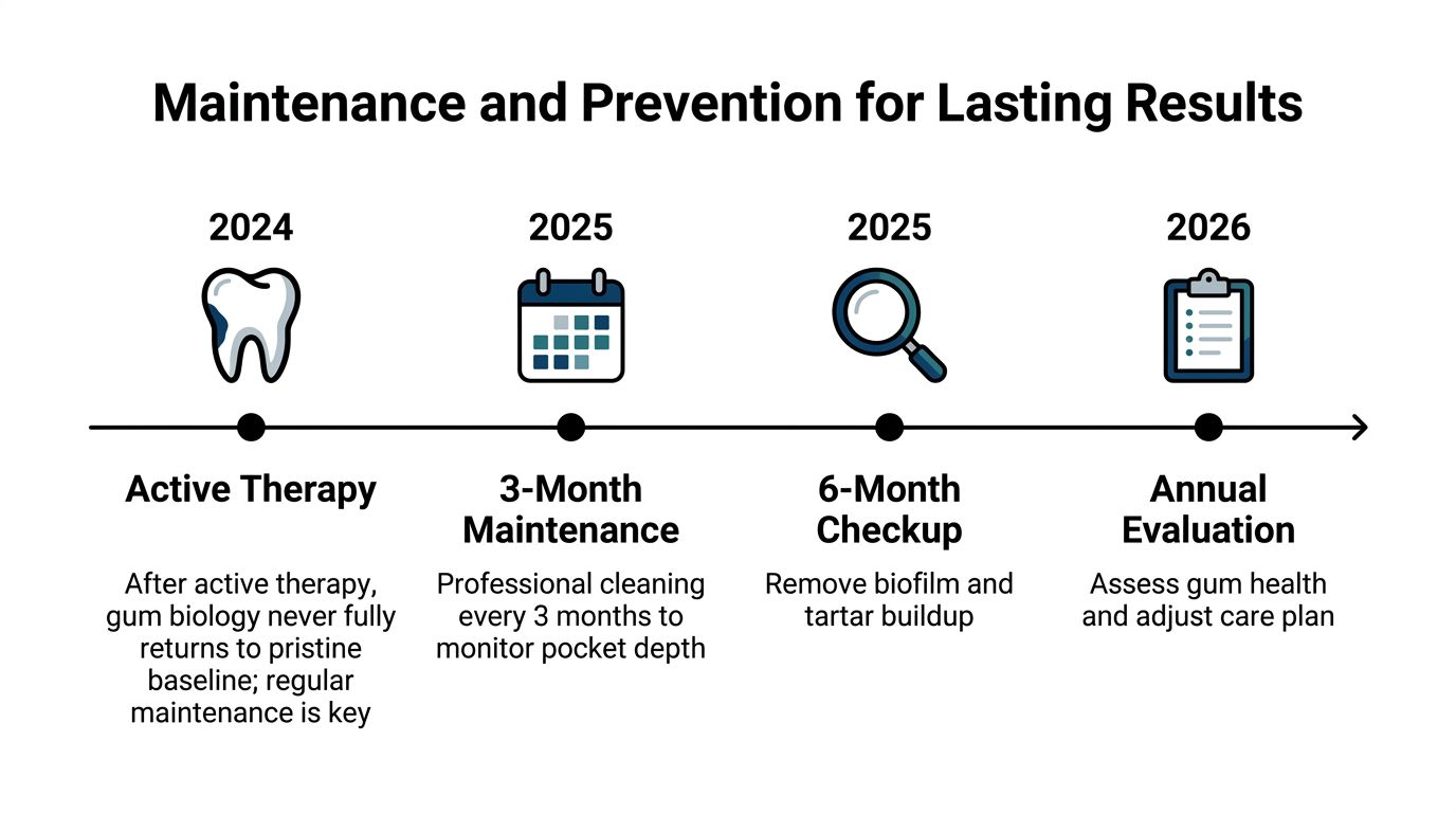A timeline graphic showing the maintenance and prevention steps for gum health from 2024 to 2026.