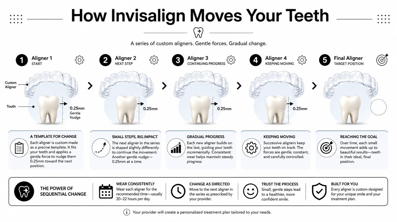 A diagram illustrating how Invisalign custom aligners move teeth gradually through a series of progressive steps.