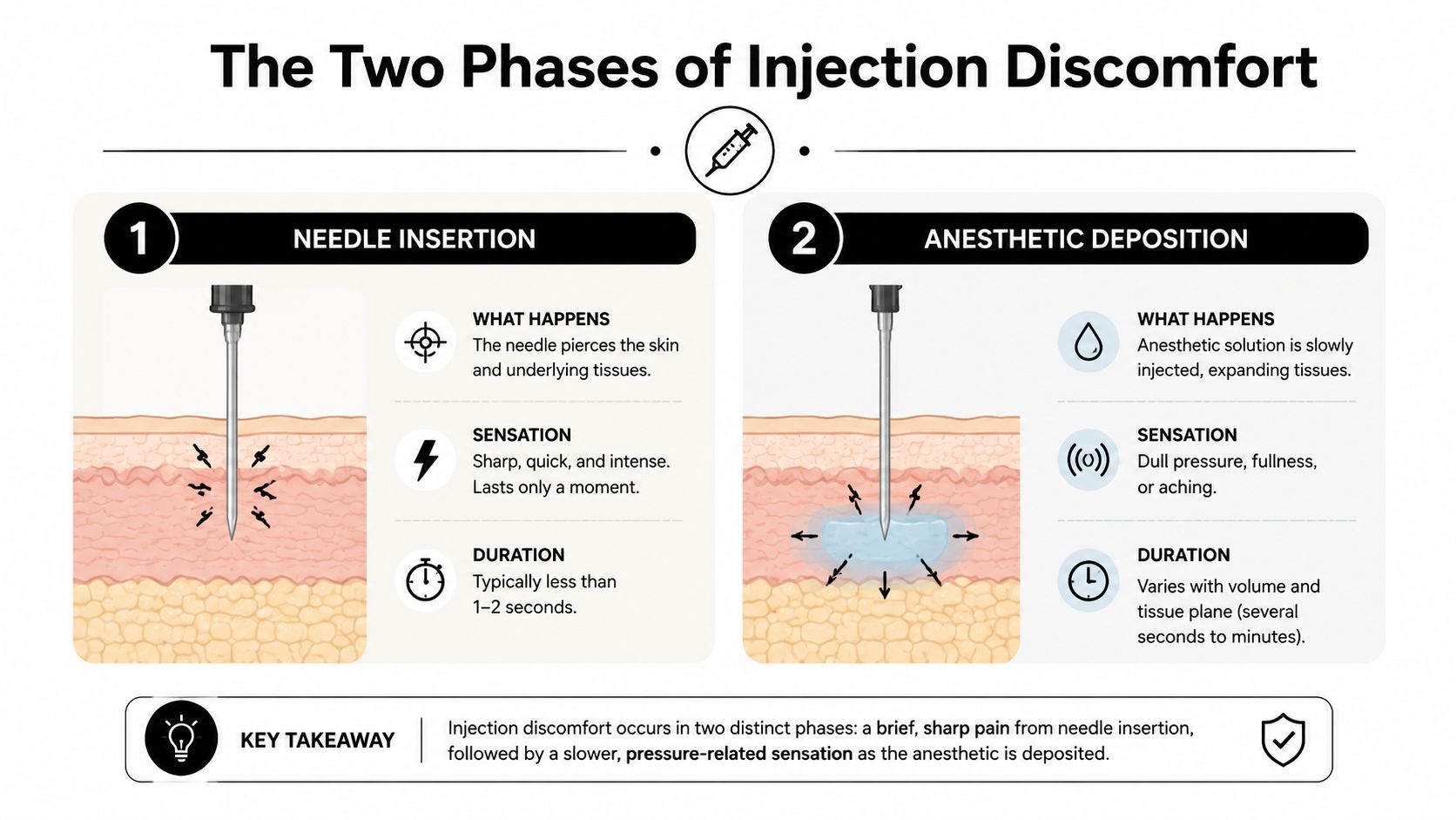 A diagram explaining the two phases of injection discomfort, needle insertion and anesthetic deposition, in medical procedures.